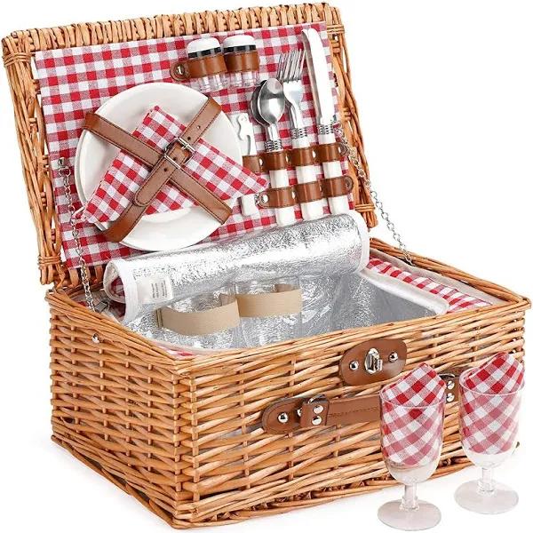 Wicker Picnic Basket For 2, Willow Hamper Basket Sets with Insulated Compartment, Handmade 2 Person Picnic Basket Classical Red Check with Utensils