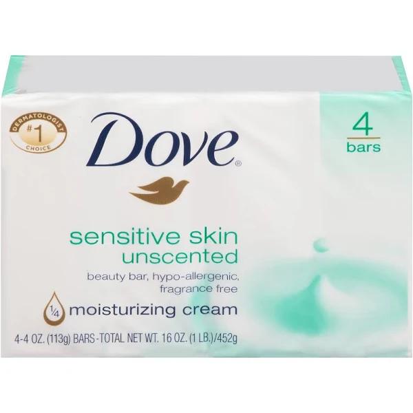 Dove Beauty Bar Soap Sensitive Skin Fragrance Free 4 Bars 3.75 oz (106 g) Each