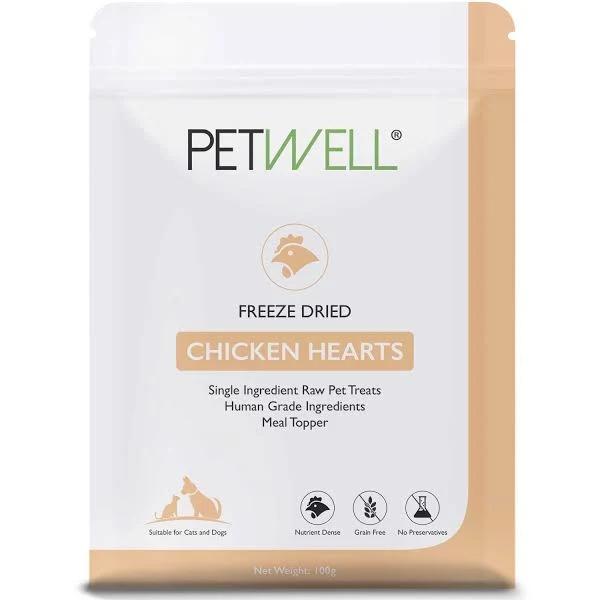 PetWell Freeze Dried Chicken Heart Treats For Dogs and Cats 80g