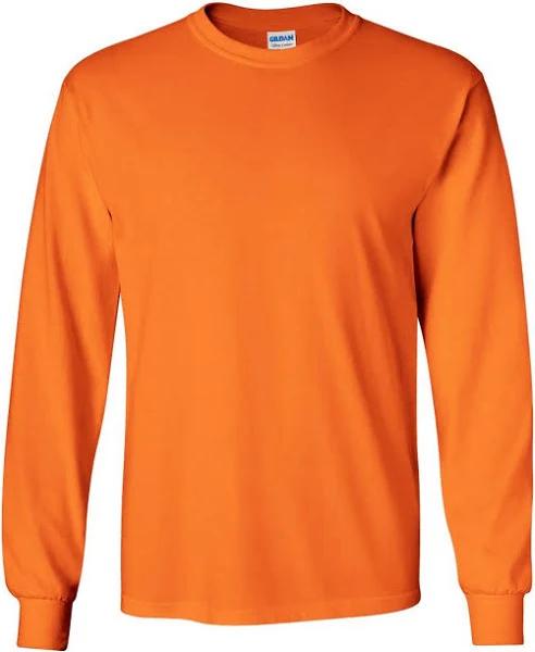 Gildan Mens Plain Crew Neck Ultra Cotton Long Sleeve T-Shirt Safety Orange XL