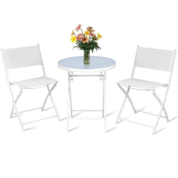 Costway 3pc Outdoor Table Chairs Set Folding Dining Chairs Tempered Glass Table Patio Furniture Garden White