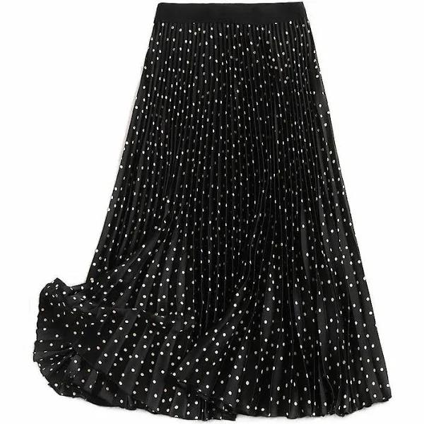 Lookbook Womens Polka Dots Pleated Skirt High Waist Flowy Casual A Line Midi Skirts-Black - S - AfterPay & zipPay Available