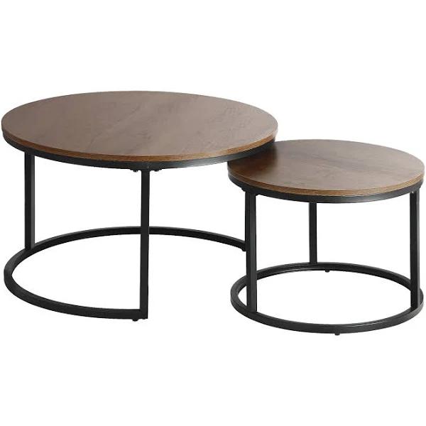 Oikiture Set of 2 Coffee Table Round Nesting Walnut & Black