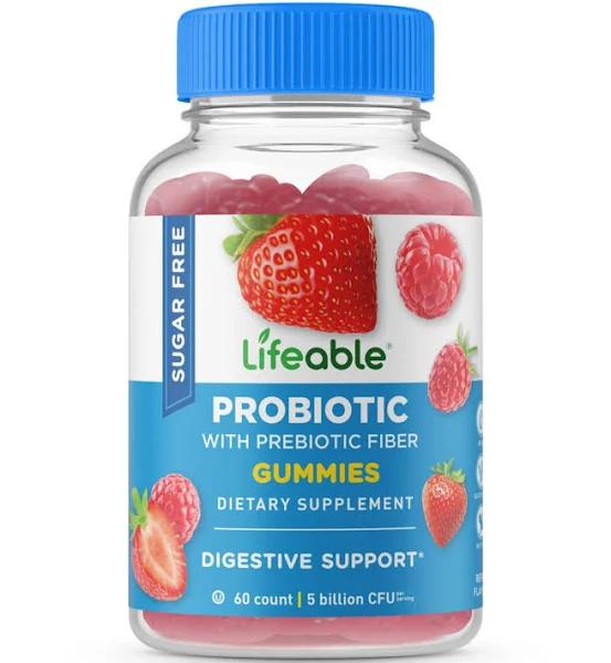 Lifeable, Probiotic With Prebiotic Fiber Gummies, Sugar Free, Berry, 5 Billion, 60 Gummies (2.5 Billion CFU Per Gummy)