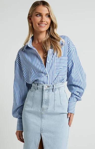 Jaycey Shirt - Long Sleeve Pocket Detail Shirt in Navy Stripe