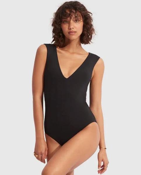 Seafolly V Neck One Piece , Black, Size 16