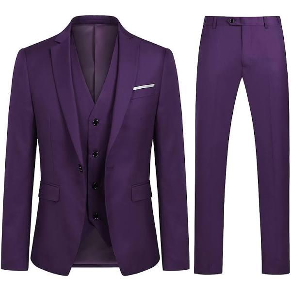 Allthemen Mens Suit 3-Piece Business Casual Solid Slim Suit Blazer Pants Vest 9 Colors Purple L