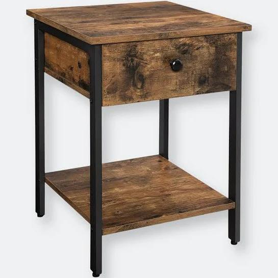 VASAGLE End Table with Drawer and Shelf Rustic Brown and Black