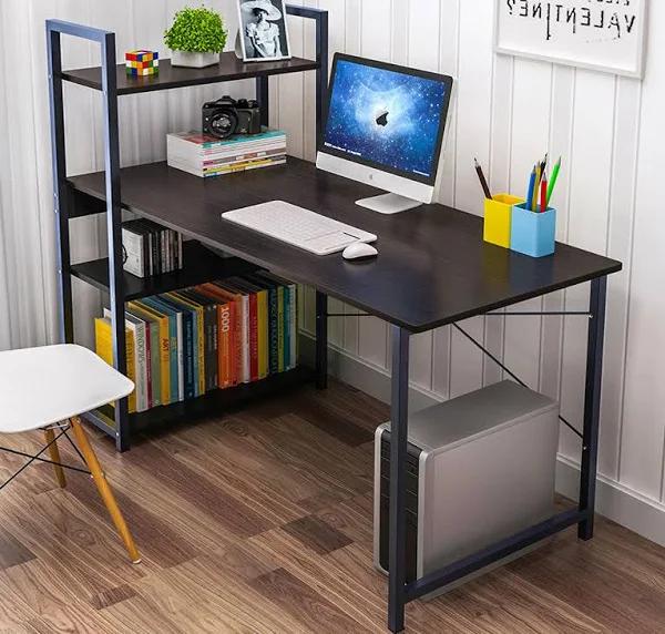 Exceeder Large Workstation Wood & Steel Computer Desk with Bookcase (Black)