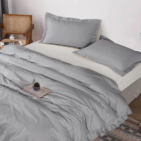 Enviohome 1000 Thread Count Cotton Platinum Grey Satin Stripe Reversible Duvet Cover Quilt Bedding Set - Double, Platinum Grey