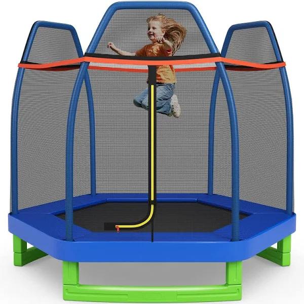 Costway 7ft Trampoline Kids Trampolines w/Spring Mat Security Enclosure Net Indoor Outdoor Toys Fun Gift Blue