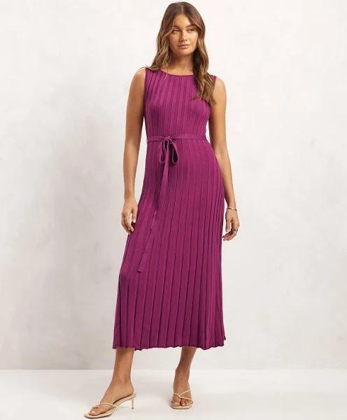 AERE - Women's Purple Midi Dresses - Pleated Rib With Removable Belt Knitted Midi Dress - Size 6 at The Iconic