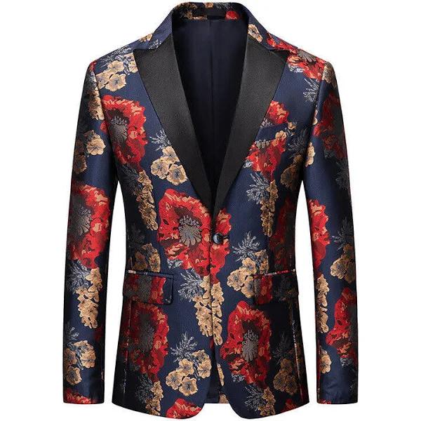 Men Jacquard Peak Lapel Suit Blazer Dress Jacket Wedding Party Stage