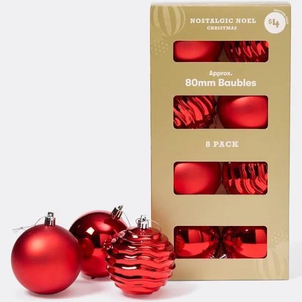 Nostalgic Noel Christmas Baubles Red 8 Pack 80mm