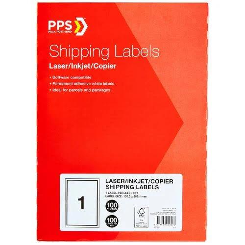 PPS Inkjet Laser Shipping Labels 1UP A4 100 Sheets