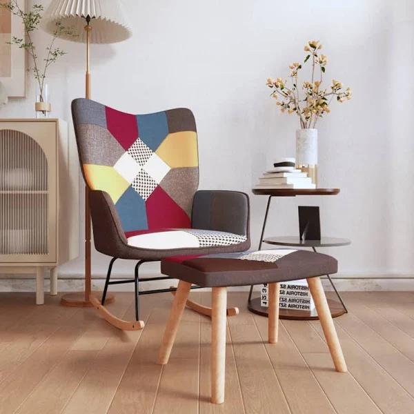 vidaXL Rocking Chair with A Stool Patchwork Fabric