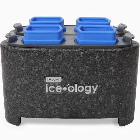 Dexas ice•Ology Silicone Clear Ice Maker Tray For Crystal Clear Craft Cocktail Ice, 4 Count Cube Tray, Blue and Black