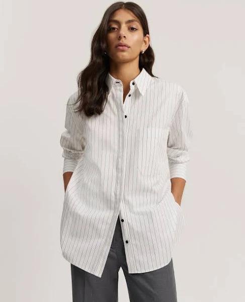 Country Road Women's Australian Poplin Stripe Shirt Charcoal Grey in Size 10 | 100% Cotton