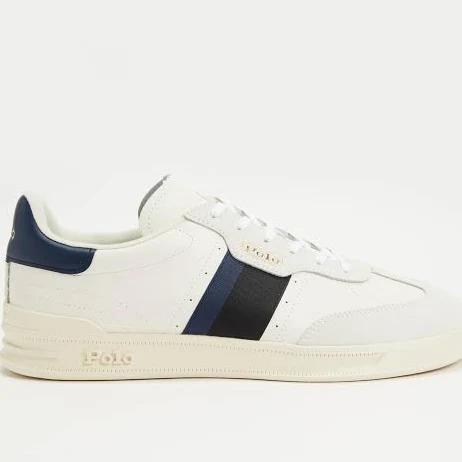 Polo Ralph Lauren Heritage Area Leather Sneaker in Bianco/Black/Navy, Size 12 US