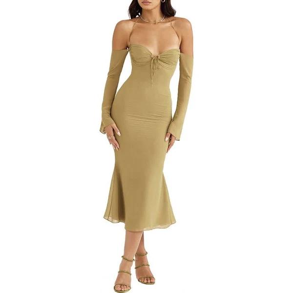 David Jones House of CB 'Naomi' Halter Midi Dress in Olive, Size XS+