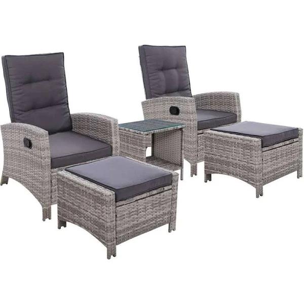 Gardeon Outdoor Patio Furniture Recliner Chairs Table Setting Wicker Lounge 5pc - Grey