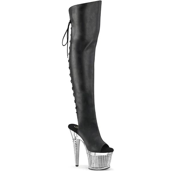 Pleaser SPECTATOR-3019 Black Faux Leather/Clear-Silver Chrome Thigh Boot Size 10