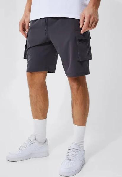 boohooMAN Mens Grey Tall Elastic Waist 4 Way Stretch Cargo Short, Grey Male XL