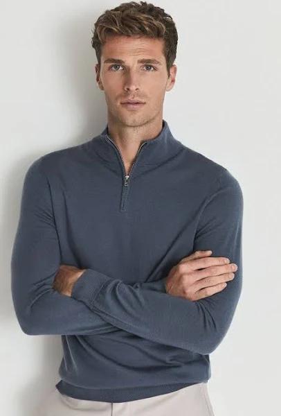 Reiss Blackhall - Steel Blue Merino Wool Zip Neck Jumper, XXL