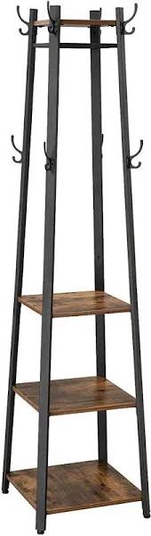 VASAGLE Coat Rack Stand With 3 Shelves Rustic Brown and Black