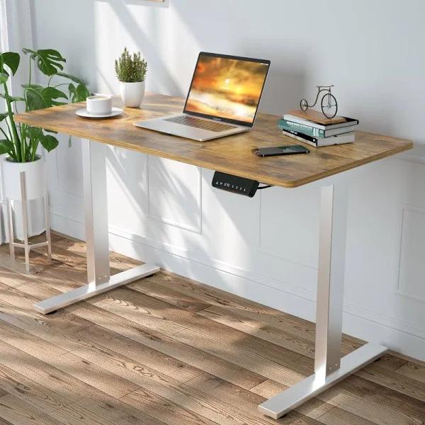 Adjustable Height Electric Standing Desk, Motorised Sit Stand up Desk 140cm Splice Board, Sliver Frame/Walnut Color Table Top