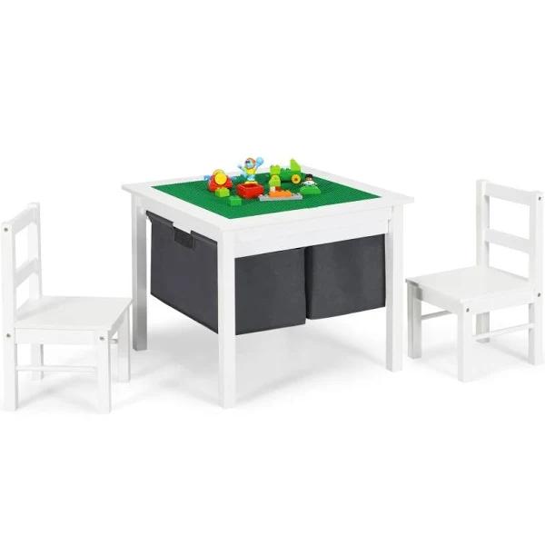 Giantex 2-in-1 Kids Activity Table & Chairs Set Building Blocks Table Kids Writing Desk w/2 Storage Drawers, White