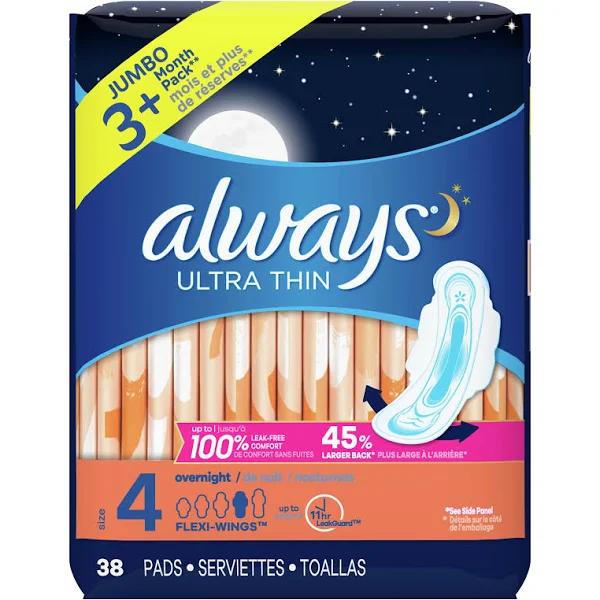 Always Ultra Thin Size 4 Overnight Pads with Wings, Unscented, 38 Coun