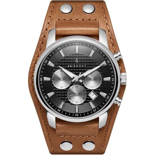 Iphios | Black and Brown Leather Cuff Stainless Steel Chronograph Watch - For Men - Seizmont