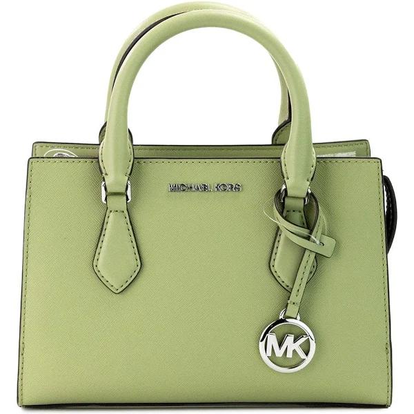 Michael Kors Sheila Small Light Sage Vegan Leather Center Zip Satchel Purse Bag