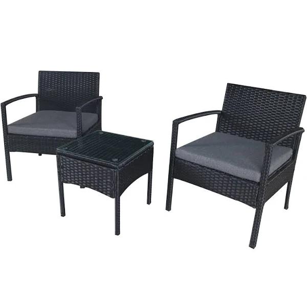 3pc Lounge Set Outdoor Furniture Rattan Wicker Chair Tempered Glass Coffee Table Garden Patio Balcony - AfterPay & zipPay Available