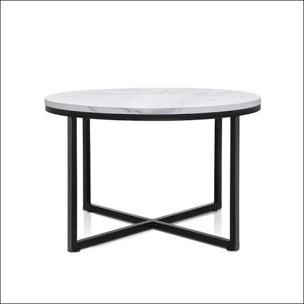 Artiss Coffee Table Marble Effect Side Tables Round Black Metal 70x70cm