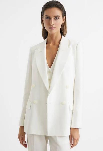 Reiss Tatum - White Crepe Double Breasted Blazer, 14