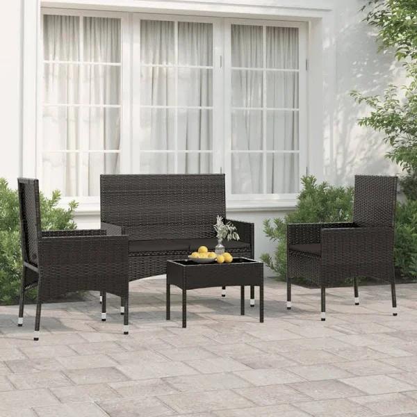 vidaXL 4 Piece Garden Lounge Set with Cushions Black Poly Rattan