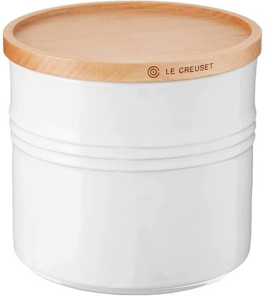 Le Creuset Glazed Stoneware 1 1/2 Quart Storage Canister With Wooden Lid White