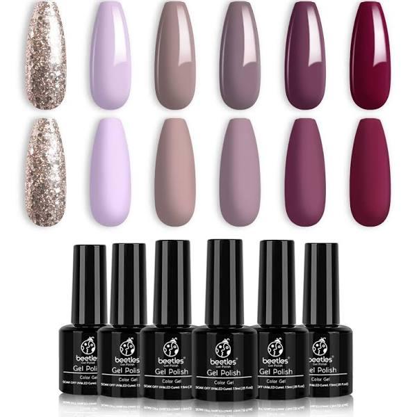 Beetles Gel Nail Polish Kit- 6 Colors Mauve Lilac and Maroon Gel Polish Set Glitter Nail Polish Soak Off Led Gel Nail Kit Nail Art Manicure Salon