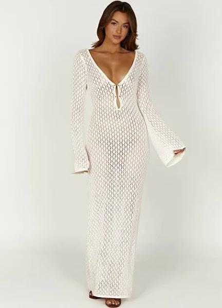 Kayleigh Crochet Fishtail Flare Sleeve Maxi Dress | White