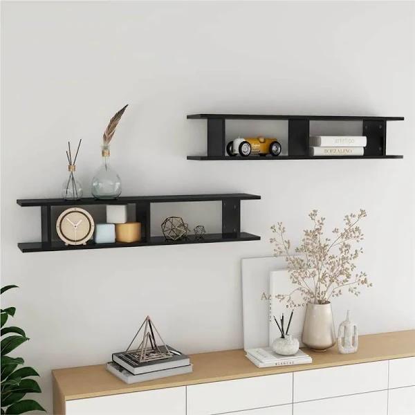 vidaXL Wall Shelves 2 Pcs High Gloss Black 105x18x20cm Chipboard