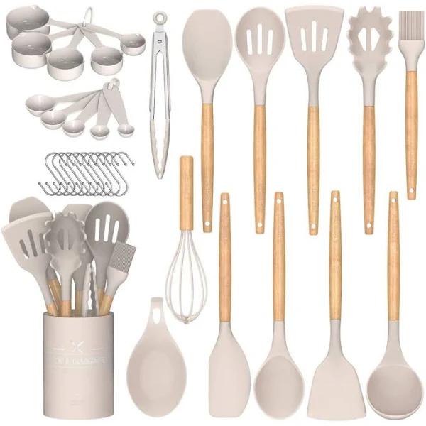 Kitchen Utensil Set Silicone Cooking Utensils Umite Chef 24 Pcs Kitchen Utensils Tools Wooden Handle Spoons Silicone Utensil Set Spatulas Set