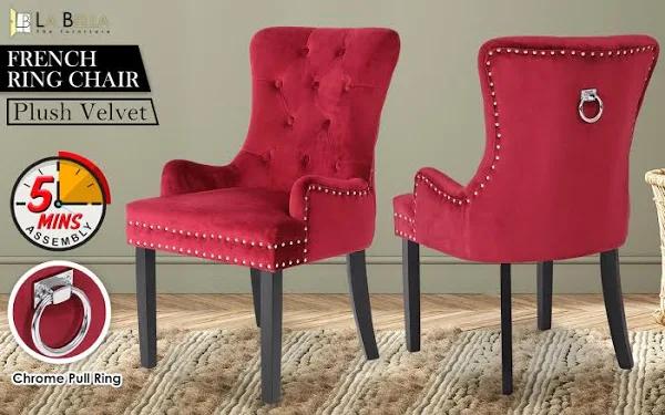 La Bella Red French Provincial Dining Chair Ring Studded Lisse Velvet Rubberwood