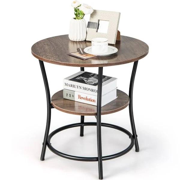 Giantex Round End Table 2-Tier Sofa Side Table w/Open Storage Shelf & Metal Frame Versatile Bedside Table Oak