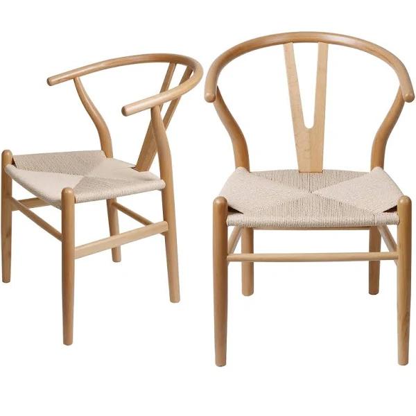 Set of 2 Dining Chairs Rattan Seat Side Chair Kitchen Wood Furniture Oak