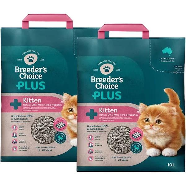 Breeders Choice Plus Kitten Natural Attractant and Probiotics Biodegradable Recycled Paper Litter for Cats 20L by Budget Pet Products