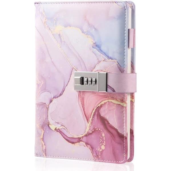 Marble Diary with Lock For Girls and Women, A5 Leather Locked Journal For Teen Girls, Secret Cute Password Lock Notebooks with Pen Holder For Travel