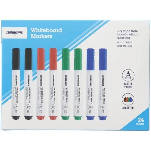 J.Burrows Whiteboard Markers Bullet Assorted 24 Pack