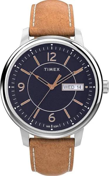 Timex Chicago Leather Strap Watch, 45mm Tan Silvertone Blue